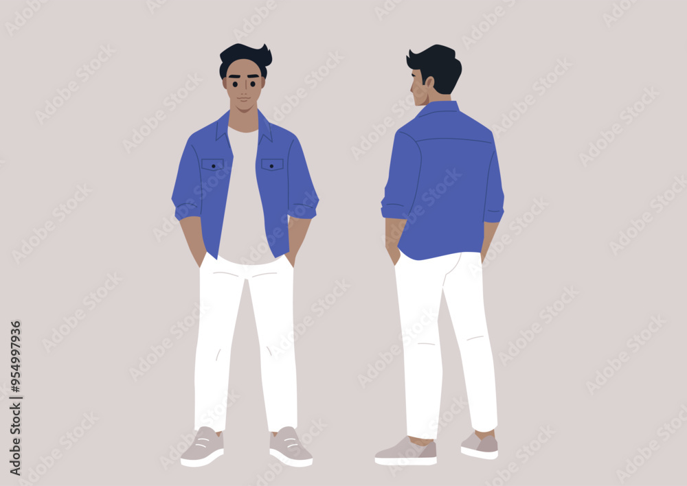 An illustration features a male character in modern casual attire, relaxed with hands in pockets, displaying both front and back views against a simple background, emanating a cool vibe An illustration features a male character in modern casual attire, relaxed with hands in pockets, displaying both front and back views against a simple background, emanating a cool vibe