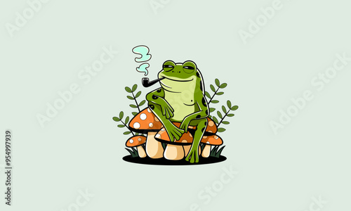 A relaxed frog smoking a pipe on mushrooms.