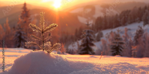Beautiful winter landscape at sunset with snow and fog with sunset background 