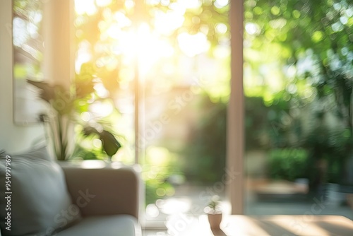 Blur living room at home with morning sunlight at big window for background usage. blur interior background concept. white, britht tone , ai photo