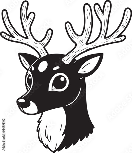 Reindeer head doodle-style outline for Christmas coloring book.