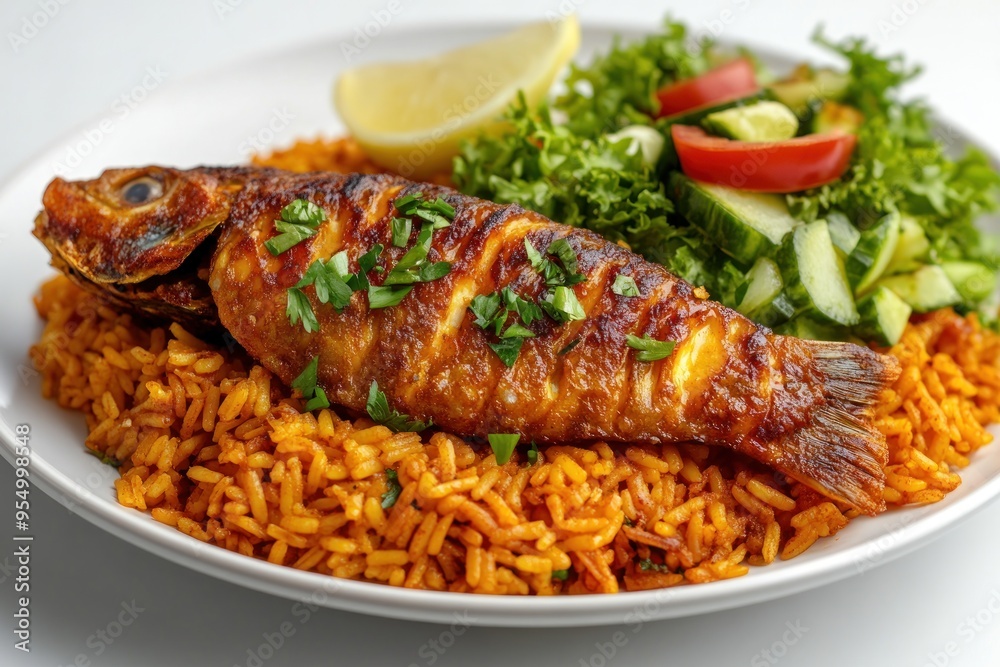 Fototapeta premium Grilled Fish Served with Saffron Rice and Side Salad