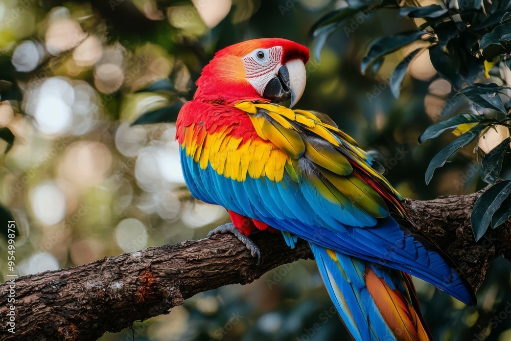 Scarlet Macaw Perched on a Branch with Lush Green Foliage Scarlet Macaw Perched on a Branch with Lush Green Foliage