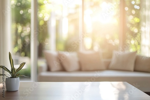 Blur living room at home with morning sunlight at big window for background usage. blur interior background concept. white, britht tone , ai photo