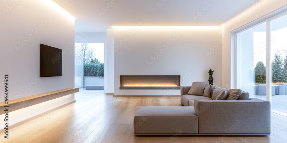 Fototapeta premium Modern living room interior design with warm led lighting and minimalist furniture.
