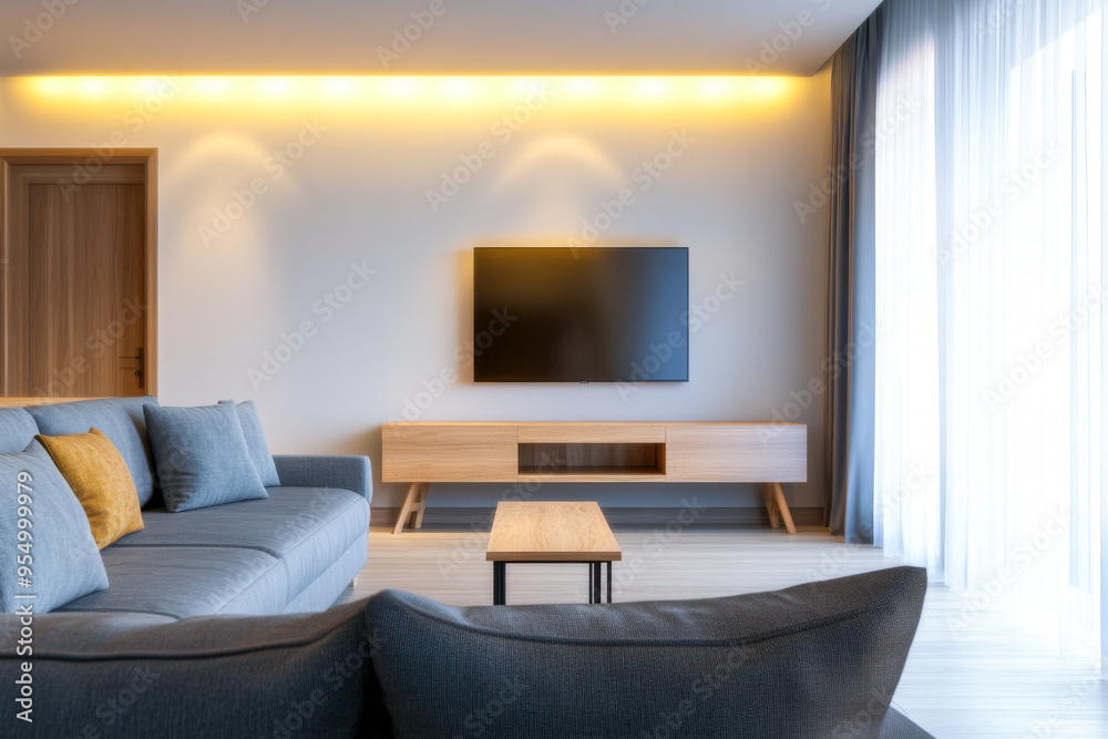 Modern living room interior design with warm led lighting and minimalist furniture. Modern living room interior design with warm led lighting and minimalist furniture.