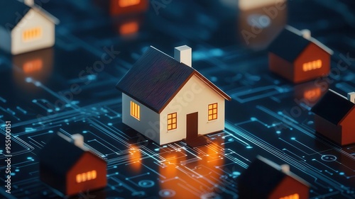 Visual representation of economic policy impacts on housing markets, illustrated through digital charts and housing icons