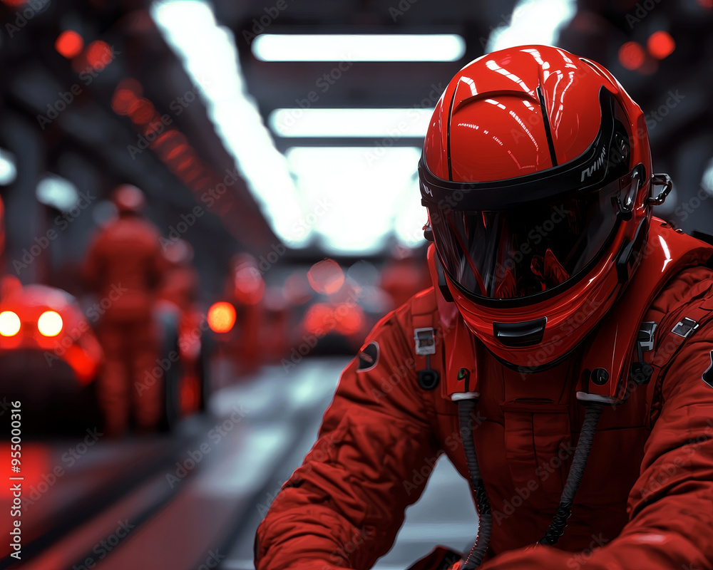 High-tech pit lane with a red race car and team in action, blending motion and detailed lighting for an intense atmosphere High-tech pit lane with a red race car and team in action, blending motion and detailed lighting for an intense atmosphere