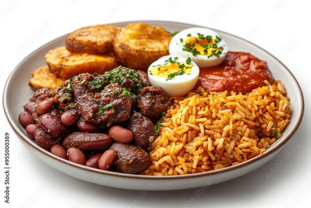 Plate of Rice, Beans, Meat, Potatoes, and Eggs Plate of Rice, Beans, Meat, Potatoes, and Eggs