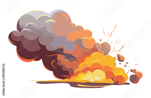Explosion vector illustration with thick smoke in orange and yellow flames a vibrant flat vector illustration depicting the powerful explosion with billowing smoke and flames