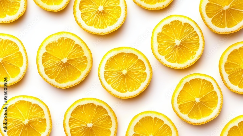 Lemon slice motif in a seamless repeating pattern, sunny yellow tones on a white background, perfect for textiles Lemon slice motif in a seamless repeating pattern, sunny yellow tones on a white background, perfect for textiles