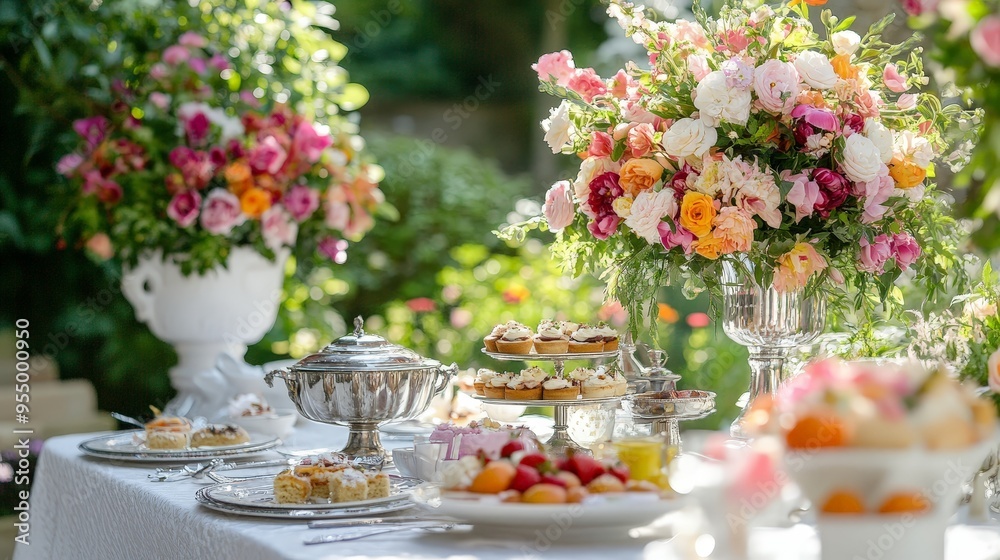 summer garden party with elegant table settings, colorful flowers, and guests mingling and enjoying delicious summer treats. summer garden party with elegant table settings, colorful flowers, and guests mingling and enjoying delicious summer treats.
