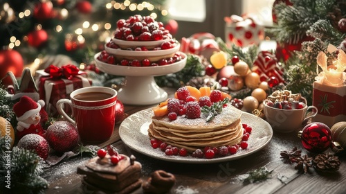 scene of a Christmas morning breakfast with pancakes, fruit, and hot cocoa, surrounded by holiday decorations and festive tableware.