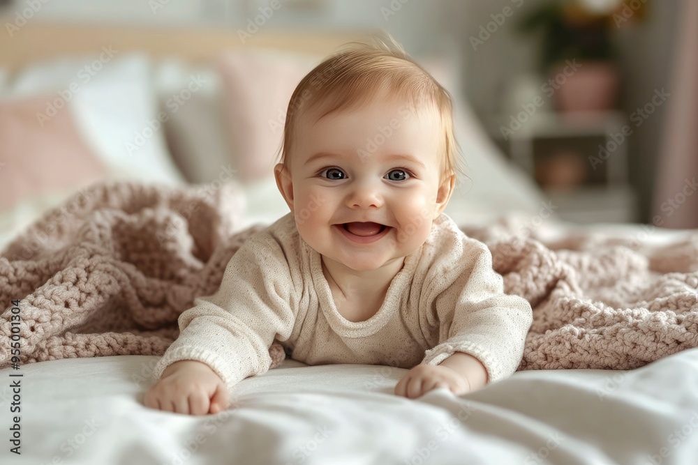 Happy baby. Cute little newborn girl with smiling face crawling on bed in bedroom. Infant baby resting playing lying down on blanket at home. Motherhood happy child childcare concept , ai