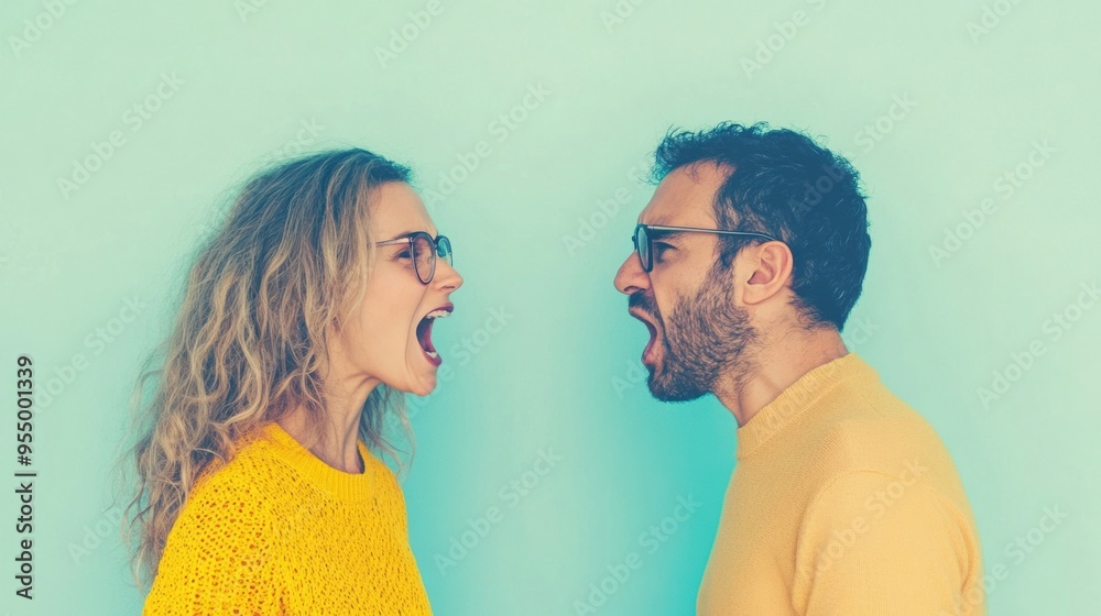 A woman and a man passionately argue while facing each other, expressing strong emotions in a colorful setting A woman and a man passionately argue while facing each other, expressing strong emotions in a colorful setting