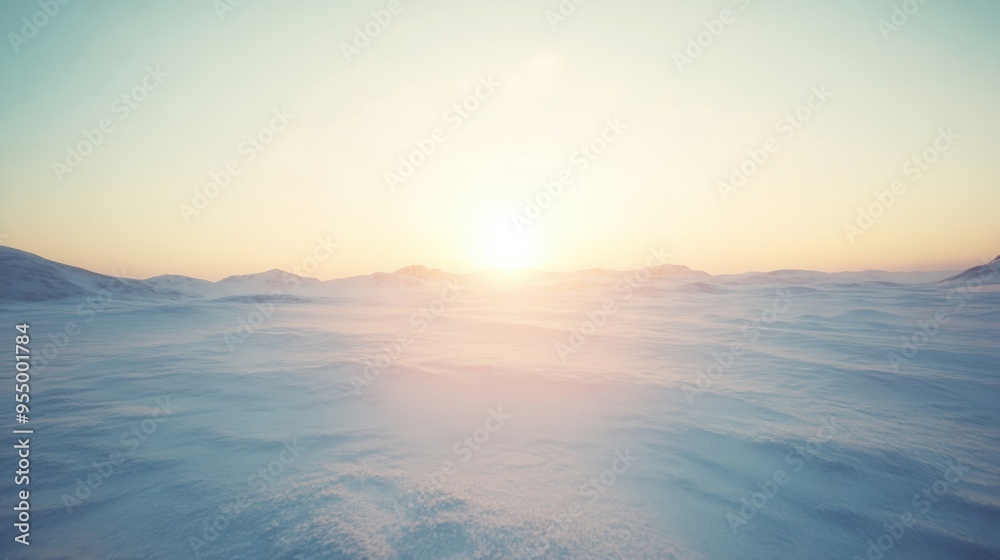 A stunning sunrise casts a warm glow over the vast, snow-covered Arctic landscape, highlighting the tranquility of winter A stunning sunrise casts a warm glow over the vast, snow-covered Arctic landscape, highlighting the tranquility of winter