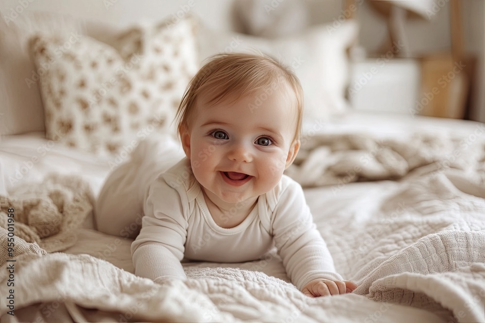 Happy baby. Cute little newborn girl with smiling face crawling on bed in bedroom. Infant baby resting playing lying down on blanket at home. Motherhood happy child childcare concept , ai Happy baby. Cute little newborn girl with smiling face crawling on bed in bedroom. Infant baby resting playing lying down on blanket at home. Motherhood happy child childcare concept , ai