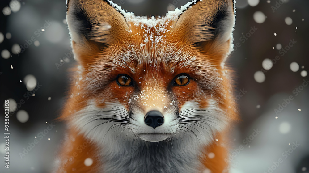 Obraz premium A Red Fox Gazing at the Camera with a Gentle Expression as Snow Falls Around It, a Symbol of Winter and the Beauty of Nature