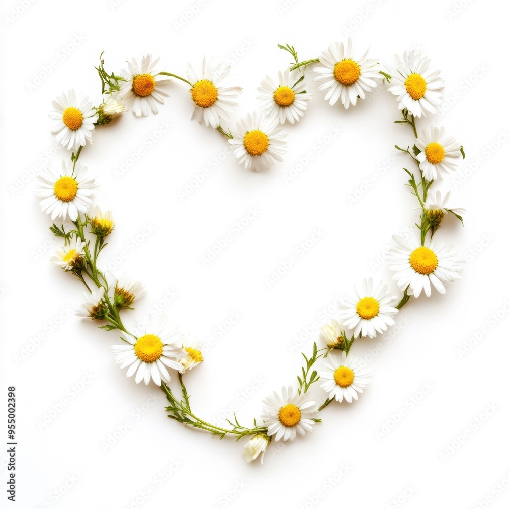 Heart-shaped arrangement of white daisies on a white background, symbolizing love and nature. Ideal for greeting cards and romantic themes. Heart-shaped arrangement of white daisies on a white background, symbolizing love and nature. Ideal for greeting cards and romantic themes.