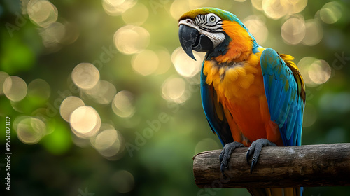 A Colorful Parrot Perches on a Branch with a Blurred Background of Green and Gold Bokeh