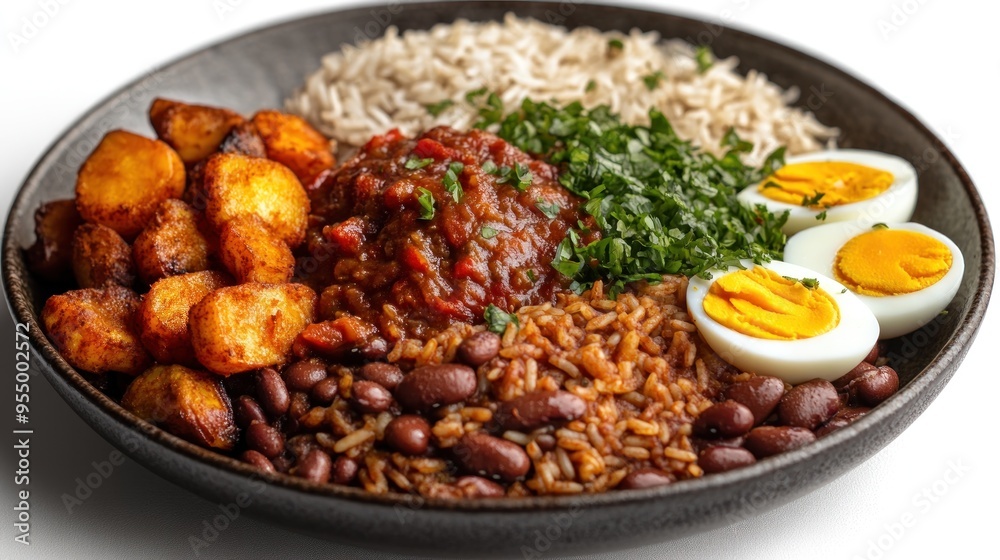 Bowl of Rice, Beans, Potatoes, Chili and Egg Bowl of Rice, Beans, Potatoes, Chili and Egg