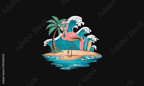 A flamingo with sunglasses standing on a surf themed tropical island.