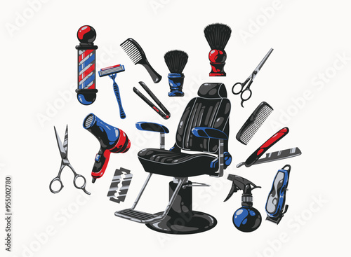 collection of  barbeshop tools and accessories in illustration. Illustration set for barbershop tools