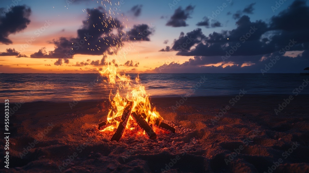 A fun summer beach bonfire with friends gathered around, enjoying the warmth, roasting marshmallows, and sharing stories under the stars.