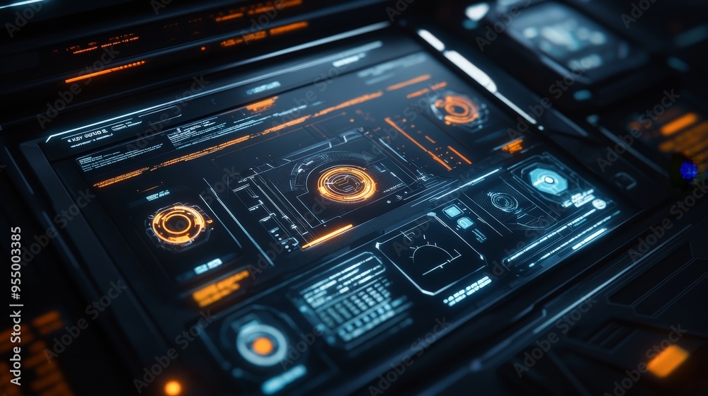 A futuristic 3D interface for a virtual reality system, featuring sleek controls and interactive elements.