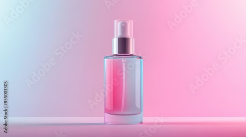 A sleek, half-transparent spray bottle displays its contents, bathed in soft pastel gradient lighting on a minimal surface