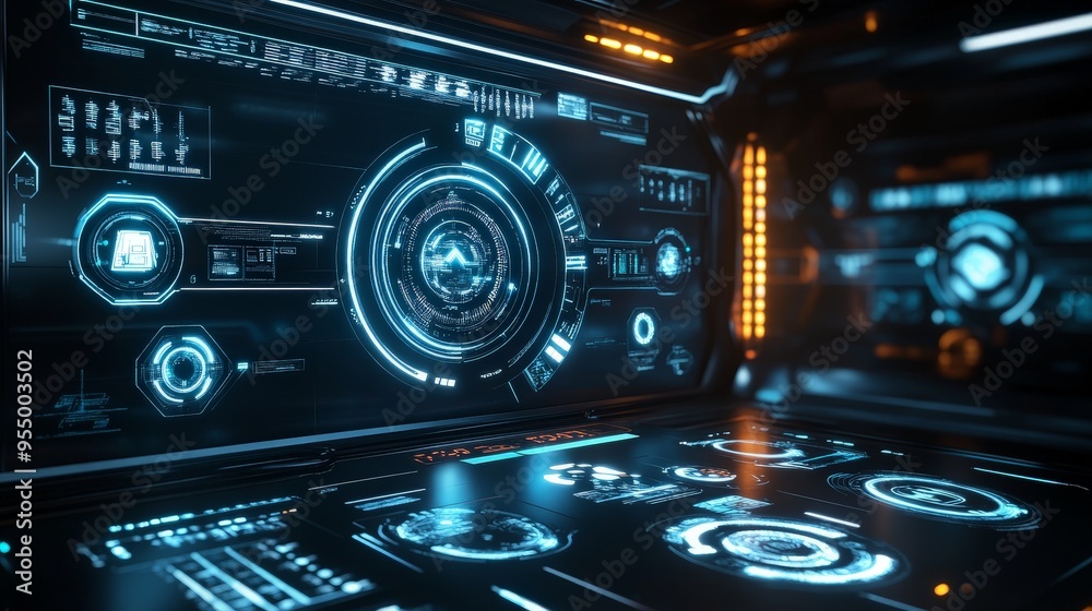 A futuristic 3D interface for a virtual reality system, featuring sleek controls and interactive elements. A futuristic 3D interface for a virtual reality system, featuring sleek controls and interactive elements.