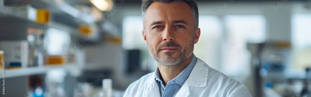 Obraz premium Confident Male Scientist Posed in Vivid Laboratory Setting