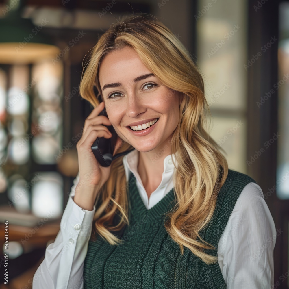 A woman in a green sweater smiling while talking on the phone in a cozy indoor setting A woman in a green sweater smiling while talking on the phone in a cozy indoor setting