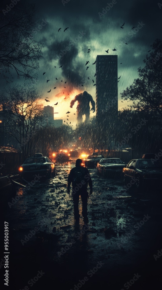 Obraz premium Wallpaper of Post-Apocalyptic World: A Frightening Giant Monster Emerges from the Distance