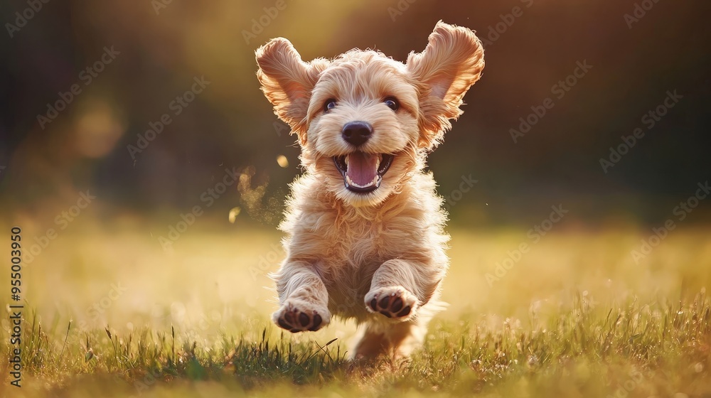 A happy puppy running through a field, ears flapping in the breeze, embodying the unfiltered joy of a playful and carefree spirit. A happy puppy running through a field, ears flapping in the breeze, embodying the unfiltered joy of a playful and carefree spirit.