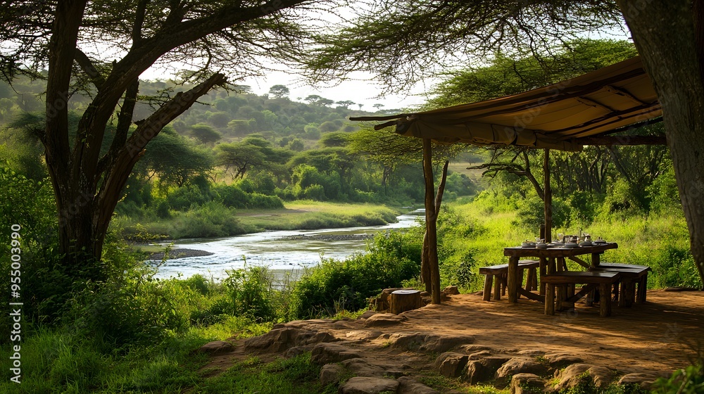 A simple canopy with two thin wooden poles and beige fabric hanging over an outdoor dining table, surrounded by trees overlooking an African river in a safari-style setting. A simple canopy with two thin wooden poles and beige fabric hanging over an outdoor dining table, surrounded by trees overlooking an African river in a safari-style setting.