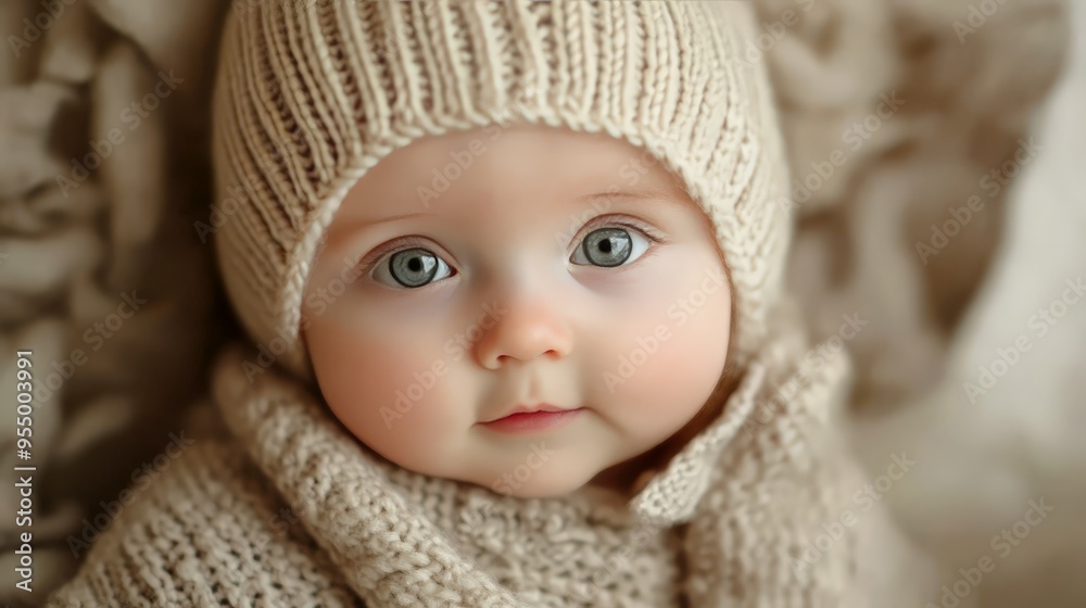 A heartwarming photograph of a baby in a soft, knitted outfit, capturing their cuteness and the cozy comfort of being dressed in warm, handmade clothing. A heartwarming photograph of a baby in a soft, knitted outfit, capturing their cuteness and the cozy comfort of being dressed in warm, handmade clothing.