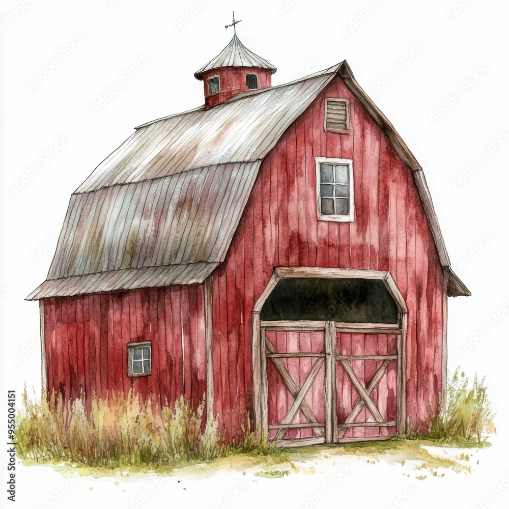 Watercolor illustration of a rustic red barn with a charming roof, perfect for agricultural or rural-themed designs and projects. Watercolor illustration of a rustic red barn with a charming roof, perfect for agricultural or rural-themed designs and projects.