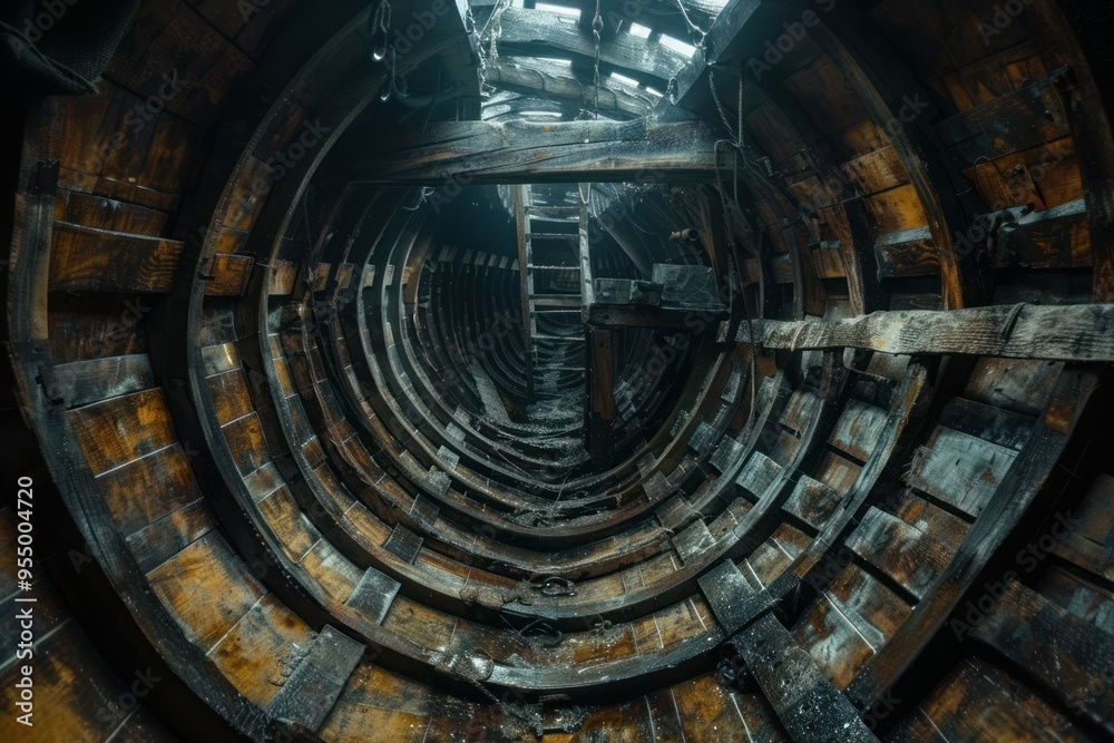 Rusty interior of an abandoned submarine with porthole view