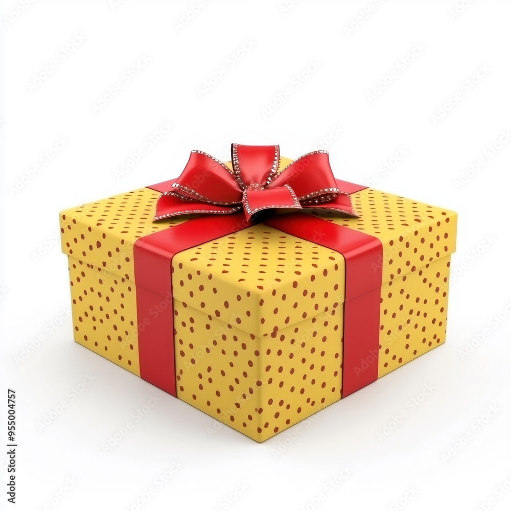 Obraz premium Yellow gift box with red ribbon and polka dots isolated on white background. Perfect for celebrations, birthdays, or holidays.