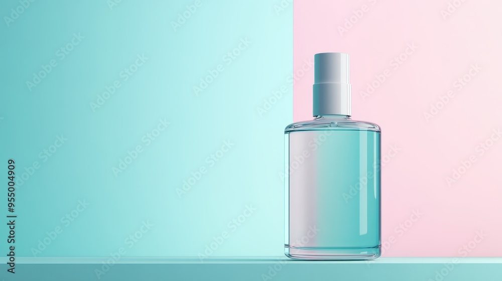A sleek liquid container stands on a pastel background, showcasing its half transparent design in a minimalist arrangement A sleek liquid container stands on a pastel background, showcasing its half transparent design in a minimalist arrangement