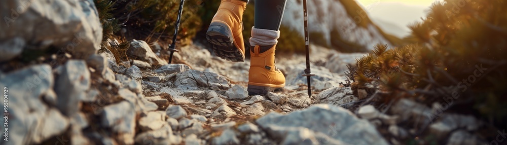 Close-up of a hiker's boots trekking on a rocky mountain trail. Close-up of a hiker's boots trekking on a rocky mountain trail.