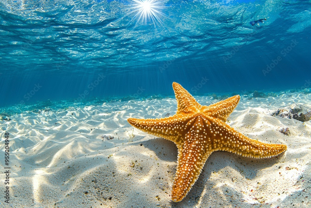 Starfish on Sandy Seabed with Sunlight Rays Starfish on Sandy Seabed with Sunlight Rays