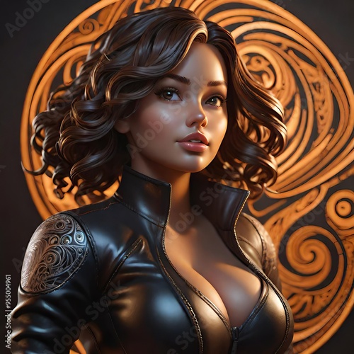 Confident brunette in black leather jacket with intricate patterns, framed by glowing spirals, exuding strength photo