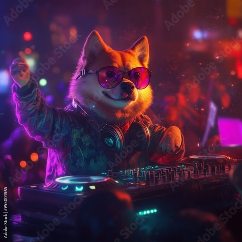 Cool DJ French Bulldog: Stylish Pet Party Concept for Nightclubs and Music Events. Creative AI-Generated Illustration for Pet Website Banners, Postcards, NFT Art, and Marketing Campaigns. Trendy 4K Wa photo