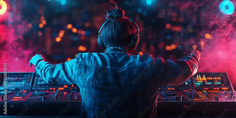 Fototapeta premium Cool DJ French Bulldog: Stylish Pet Party Concept for Nightclubs and Music Events. Creative AI-Generated Illustration for Pet Website Banners, Postcards, NFT Art, and Marketing Campaigns. Trendy 4K Wa