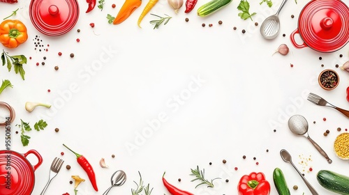 Vibrant overhead view of fresh vegetables and cooking utensils, perfect for culinary themes and recipes. photo