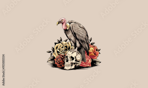 A vulture standing on a skull surrounded by roses.