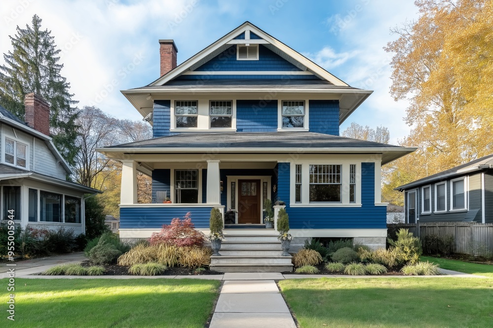 A large blue house with a porch and steps. The house is surrounded by a lush green lawn A large blue house with a porch and steps. The house is surrounded by a lush green lawn