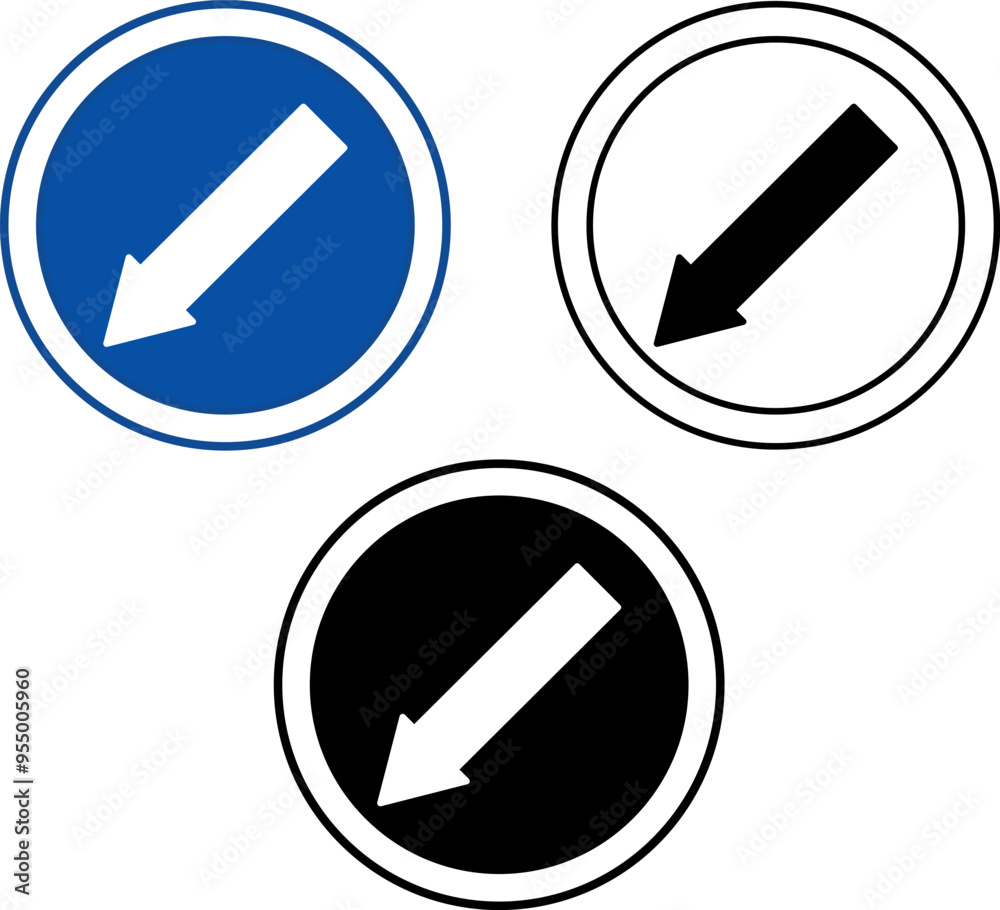 Keep Left Signs. Blue Road Signs. Black and White Vector Icons Keep Left Signs. Blue Road Signs. Black and White Vector Icons